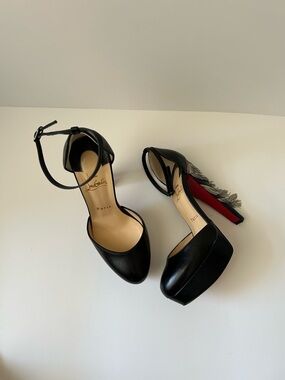 Christian Louboutin Black Leather Platform Ankle-Strap Pumps with Red Sole